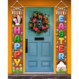 Easter Party Supplies-Happy Easter Porch Sign Banner,2PCS Hello Peeps Front Door Welcome Banner for Spring Theme Easter Bunny Door Decoration (Porch)