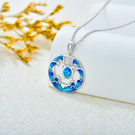 SHINYKEND Blue Opal Turtle Necklace, 925 Sterling Silver Sea Turtle and Waves Pendant Jewelry Gifts for Women She Daughter 18+2’’ (Turtle)