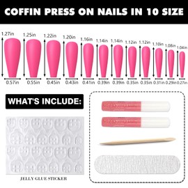 AddFavor 240pcs Coffin Press on Nails Long Pink Full Cover Fake Nails Matte Ballerina False Nail Tips for Women and Girls, Hot Pink Nails