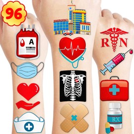 96 PCS Funny Nurse Temporary Tattoos Stickers Theme Medical Healthcare Birthday Party Decorations Favors Supplies Decor Nursing Doctor Tattoo Gifts For Kids Adults Boys Girls School Prizes Carnival