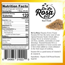 De La Rosa Organic Sesame Oil, Cold Pressed & Unrefined, Vegan, Kosher, Non-GMO & Gluten Free, Great for Salad Dressings, Marinades & More | 1 Gallon (Pack of 1)