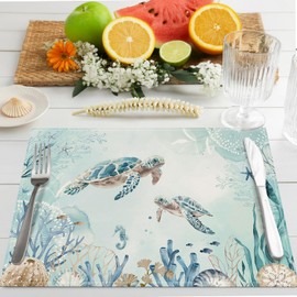 Bonhause Sea Turtle Placemats Set of 4, 12x18 Inch Teal Blue Ocean Seahorse Coastal Beach Starfish Seashell Summer Kitchen Dinning Table Mats Washable Place Mats for Indoor Outdoor Home Party Decor