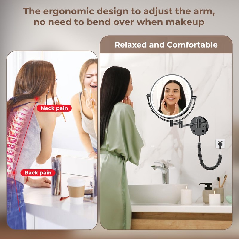 Rocollos 9" Plug-in Wall Mounted Lighted Makeup Mirror 1X/10X Magnification,