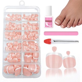 French Tip False Toenails Set - 120Pcs Nude Pink Fake Toe Nails with Glue, Nail File and Pusher - Stick on Nails Set for Beach Holidays & Special Occasions
