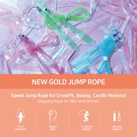 Exercise Jump Rope for Cardio, Boxing, CrossFit - Adjustable Skipping Rope for Men and Women, Lightweight, Tangle Free, Made in Korea(Crystal Gold Jumprope, UA-430) (New Gold Sky)