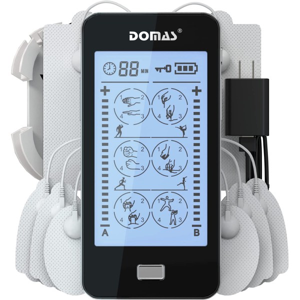 DOMAS TENS Unit Muscle Stimulator, Touch Screen EMS Muscle Stimulator, 24 Modes Dual Channel Rechargeable TENS EMS Unit Device, Electronic Machine Pulse Massager for Pain Relief Therapy, with 8 Pads