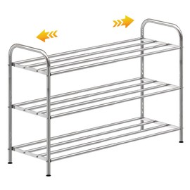 SKIKEN 3-Tier Stainless Steel Shoe Rack - 4-Rod Extendable & Adjustable Feet | Small Adjustable Shoe Rack | Standing Storage Shelf Rack for Entryway, Closet, Doorway, Stair Side or Laundry Room