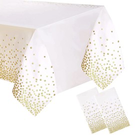 Jepeux 2 packaging white and gold plastic tablecloth, 54 inch x108 inch rectangular disposable dot party table cover, suitable for birthday, graduation, restaurant, wedding decoration tablecloth