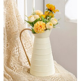 Elegant Cream/White Metal Pitcher Vase, Farmhouse Galvanized Flower Vase, Rustic Decorative Milk Jug for Home Decor, 10.8''H