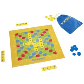 Mattel Games Y9735 - Scrabble Junior – gra słowna dla dzieci z dwoma poziomami zabawy, dla początkujących i zaawansowanych graczy