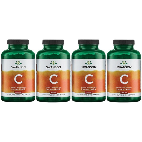 Swanson Vitamin C with Rose Hips Immune System Support Skin Cardiovascular Health Antioxidant Supplement 1000 mg 250 Tablets (Tabs) (4 Pack)