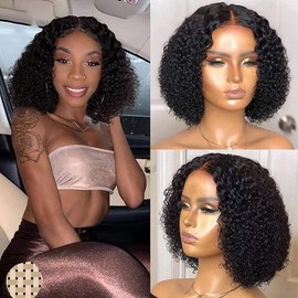 Short Curly Wig, Kinky Curly Bob Wig, Lace Front Closure Wig Natural Fashion Black Real Hair for Women Daily Dress Cosplay Party