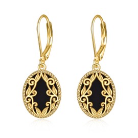 Black Onyx Earrings Sterling Silver Oval Drop Earrings 18K Yellow Gold Plated Filigree Boho Dangle Earrings Jewellery Gifts for Women Girls (Black Onyx Earrings)