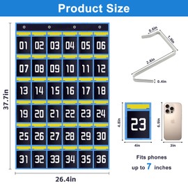 Wall Phone Holder, 36 Numbered Pocket Chart for Classroom, Hanging Pocket Organizer, Cell Phone Holder Classroom for Calculator Sundries Storage (Blue)