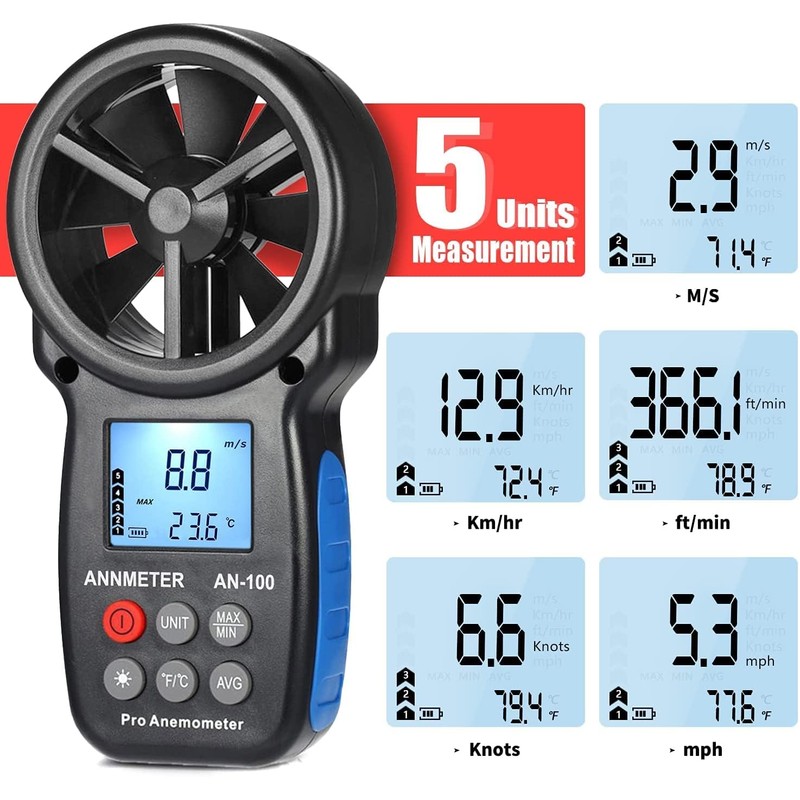 AIOMEST AI-100 Digital Anemometer, Wind Gauge, Hand Held, Wind Gauge,