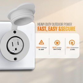 15A Weatherproof Outdoor Power Outlet by Journeyman-Pro 15 Amp 125 Volt NEMA 5-15R Receptacle Kit with Integrated 20" Extension Cord + Waterproof Rubber Cover (GCR1-WHITE)