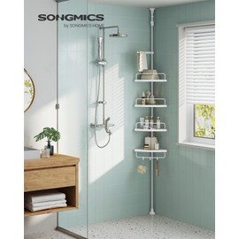 SONGMICS Corner Shower Caddy Tension Pole, 4-Tier Rust-Resistant Shower Organizer, Shower Shelf, Drill-Free, 35.8 to 118.1 Inches, Height Adjustable Trays, for Bathroom, Cloud White UBCB008W01