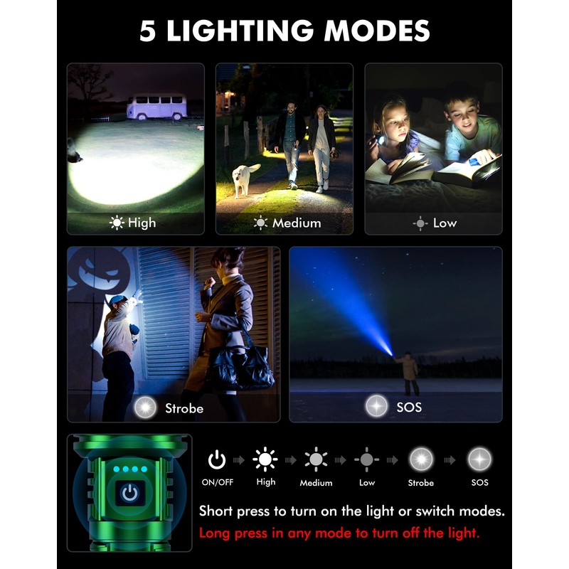 Super Bright Flashlight 5000.000 High Lumens, LED Rechargeable Flashlights Powered