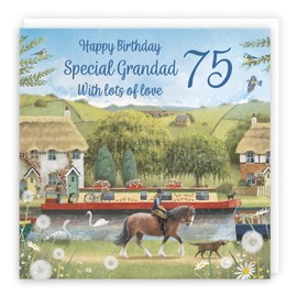 Hunts England - 75th Grandad Canal Narrowboat Birthday Card - Horse Riding - Countryside - Age 75 Card For Grandad - Milo's Gallery - Age Seventy Five Birthday