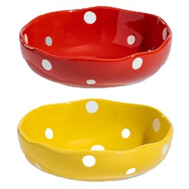 Wide Cat Bowl, Ceramic Kitty Bowls, Tilted Wide Shallow Cat Food Dish, Whisker Fatigue& Lead & Cadmium Free, 2 Pack, Red & Yellow