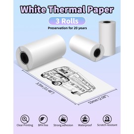 Phomemo White Paper for M02 M02PRO M02S T02 M02X M02L Mini Printer, Compatible with M03 M03AS M04S M04AS Portable Thermal Printer,50mm x 3.5m, 3 Rolls, Printed Content Storage Time 20 Years