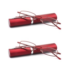 EYE ZOOM 2 Pack Ultra Slim Compact Lightweight Tube Reading Glasses with Portable Clip Aluminum Case, Wine Red Strength +3.00