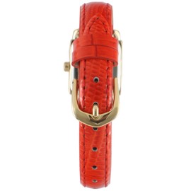 Peugeot Ladies Mini Square Crystal Gold-Tone Dial Blood Orange Red Leather Watch