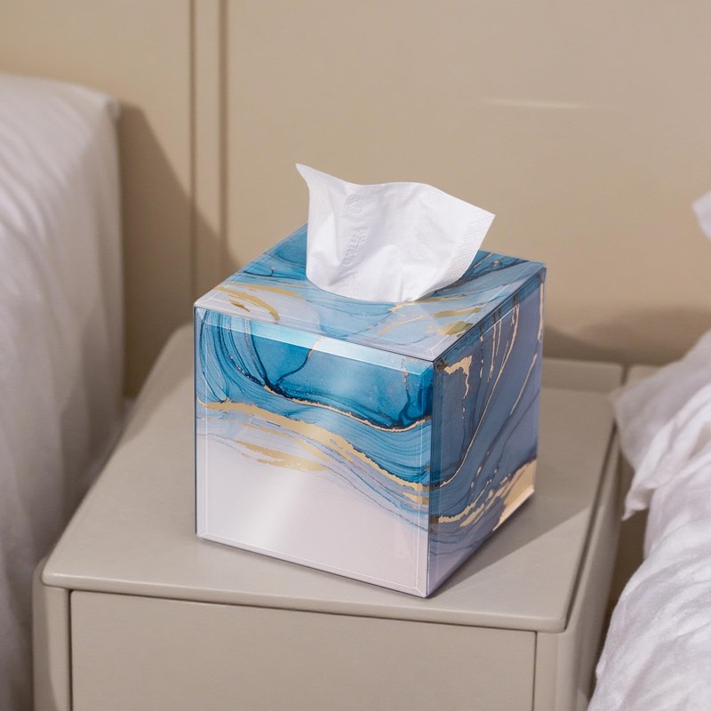 Timetrace Glass Tissue Box Cover Square-Marble Pattern Decorative Tissue Holder
