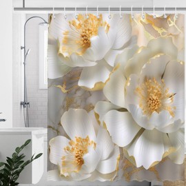 Avezano Floral Shower Curtain Elegant Beige Floral Gold Leaves Bathroom Shower Curtain 3D Floral Modern Aesthetic Waterproof Fabric Shower Curtain Bathtub Decor with 12 Hooks 72 X 72 Inch