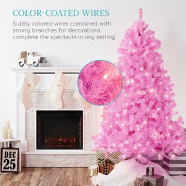 Best Choice Products 6ft Pre-Lit Pink Christmas Tree, Full Artificial Holiday Decoration for Home, Office, Party Decoration w/ 947 Branch Tips, 250 Lights, Metal Hinges, Foldable Base