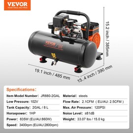 VEVOR 13 Gallon Air Compressor, 2HP 4.6 SCFM@90PSI Oil Free Air Compressor Tank, 66dB Ultra-Quiet Compressor for Tire Inflation, Auto Repair, Woodwork Nailing, Spray Painting (125PSI Max Pressure) - Tank Capacity: 2 Gallon