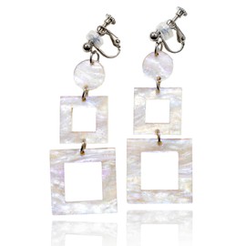 White Clip On Earrings for Women, WOOYAS Retro Simple Acrylic Geometric Clip Earring, White Satin Square Hollow Dangling Earring Non Piercing Statement Earrings Jewelry Birthday Valentine's Day Gift