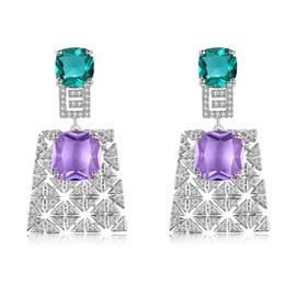 S925 Sterling Silver Posts Square Crystal Dangle Earrings for Women Drop Cubic Zirconia Statement Earrings Fine Jewelry Gift for Wedding Prom Party (Purple blue)