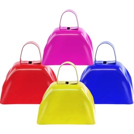 Metal Cow Bell Noise Maker - 3 Inch Pack of 4 - Small Loud Metal Cowbell Noisemaker with Handle - Noisemakers Great for Football Games, Sporting Events (Pink+Yellow+Red+Blue)