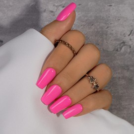 KQueenest Hot Pink Press On Nails Long Square - Summer Press On Nails Medium Coffin, Bright Neon Pink Fake Nails with Glue, Vibrant Glossy, Reusable Soft Gel Glue on Nails for Manicure Gift, 24 Pcs