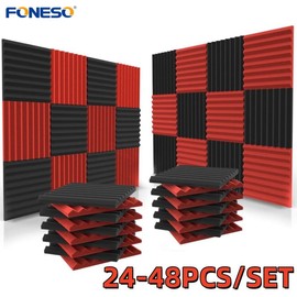 24-48 Pack Red&Black Acoustic Foam Panels Set, 1" x 12" x 12" Wedges Tiles Fireproof Soundproof Foam, High-density Sound Insulation Sound Absorbing Noise Cancelling Foam Panels for Recording Studios, Home, Offices Walls Ceiling, Gaming Room Accessories -