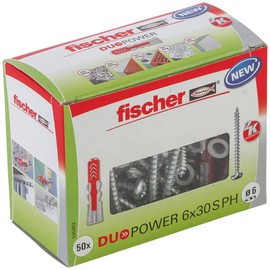 fischer DuoPower 6 x 30 S PH, powerful universal plug with panhead screw, intelligent 2-component technology for fastenings in concrete, bricks, stone, gypsum plasterboard, etc., 50 plugs & 50 screws