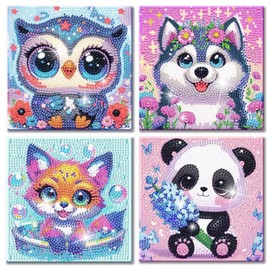 Yiminu.DS 4er Diamond Painting Kinder ab 6 7 8 9 10 11 12 Jahre, 5D Diamant Painting Set Bilder Kleine, Bastelset Basteln Geschenk Mädchen Jungs 6-12 6-8 8-12 Jahre, Eule Hund Fuchs Panda, 15cm*15cm