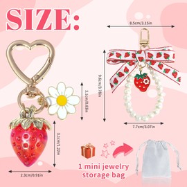 SunixSonie 2Pcs Strawberry Keychain Charm Cute Strawberry Bag Purse Charms Heart Flower Daisy Keychain Peal Bow Kawaii Car Keychains Strawberry Accessories for Women Girls Gift
