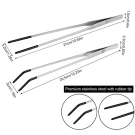 QOOWFEANIG 2Pcs Stainless Steel Reptile Feeding Tongs - 10.6" Straight & Curved Tips with Rubber Grip, Aquarium Tweezers for Snakes, Bearded Dragons, Lizards, Aquascaping Tool&Tank Accessories,Black