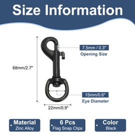 PATIKIL 6Pcs Flag Swivel Snap Clips, 2.7 Inch Heavy Duty Alloy Flag Pole Snaps Hooks Stainless Flagpole Accessories for Rope Hardware Key Chain Leash Leather Craft, Black