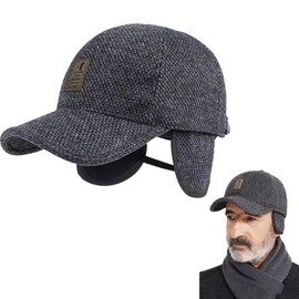 iNelihoo Mens Winter Thick Warm Baseball Cap with Ear Flaps Classic Tweed Peaked Hats Plain Visor Dad Hat with Foldable Ear Warmer Outdoor Sport Hat Windproof Hunting Trapper Hat