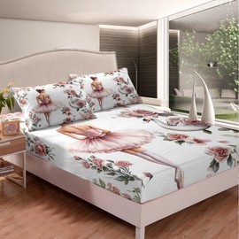 Ballet Girl Fitted Sheet,Princess Dancing Theme Vintage Pink Roses Flowers Soft Decorative Fabric Bedding White Swan Romantic Floral Pocket Single Size with 1 Pillowcase