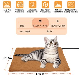 Pet Heating Pad for Cats & Dogs Indoor Outdoor, Warming Cat Heating Pad with Chew Resistant Cord, Adjustable Temperature & Time, Heated Cat Bed Mat Waterproof for Cats Small Dogs, 17.7'' × 17.7''