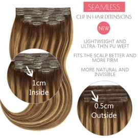 Seamless Clip in Remy Hair Extensions Human Hair Invisible PU Skin Weft Ombre Chocolate Brown to Caramel Blonde With Brown Roots Clip in Hair Extensions Thick Natural Hair 18inch 110gram 7pcs #R4-4/27