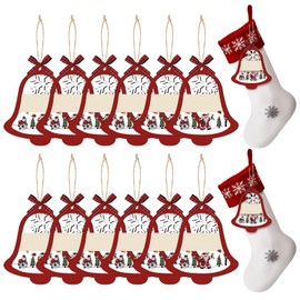 Cinnvoice 12 Pack Bell Christmas Stocking Name Tags Jingle Bell Wooden Stocking Labels Gift Tags Santa Hanging Ornament with Rope Snowflake Wooden Name Tag for Xmas Holiday Decoration