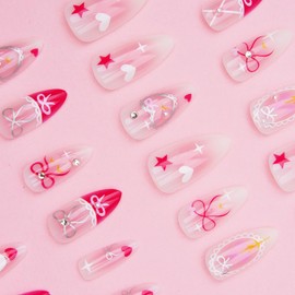 Cute Press on Nails Medium Almond Fake Nails with Rhinestones Designs Red French Tip False Nails Heart Bow Artificial Stick on Nails Pink White Blusher Full Cover Acrylic Nails for Women Girls 24Pcs