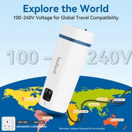 balbali Portable Tea Kettle for Travel 100-240V Dual Voltage - 6 Preset Electric Portable Water Heater for Boiling - Self Heating Cup/Thermos - 12oz Hot Water Boiler/Heater/Warmer - White