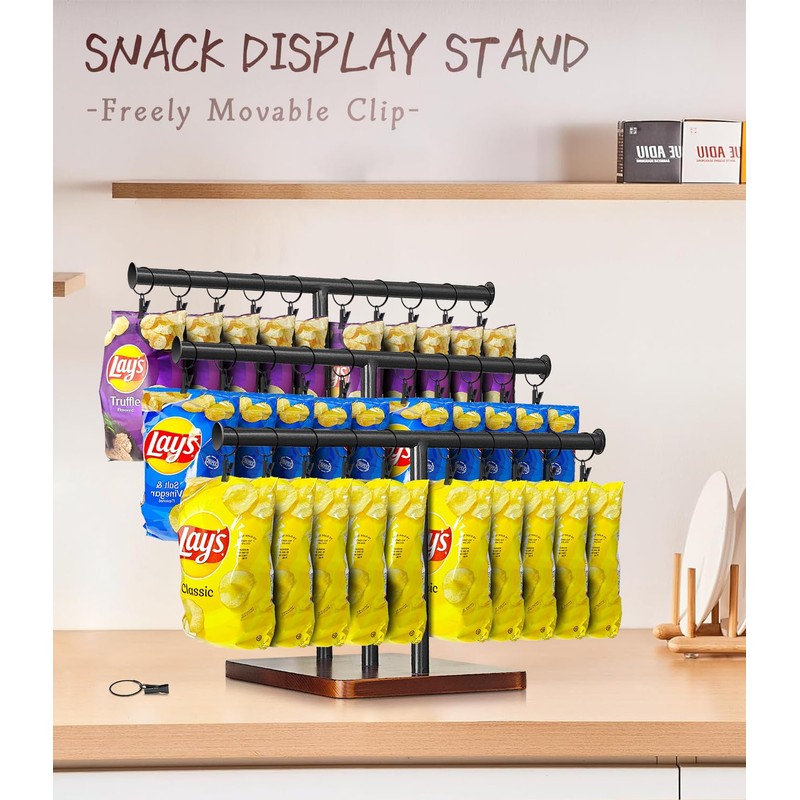 Usluole Chip Rack Display Stand, 3-Tier 42 Clips Snack Organizer