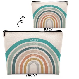Dwept I am Kind Smart Brave Watercolor Boho Rainbow Cosmetic Bag, Inspirational Quote Makeup Bag Zipper Cosmetic Pouch Bag Travel Linen Makeup Organizer,Positive Affirmation Gifts for Teen Girls Women